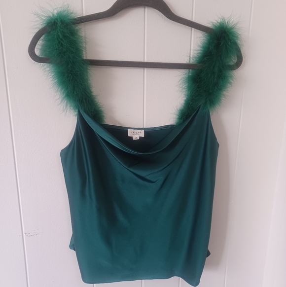 Le Lis Tops - Green Feathered Strap Tank